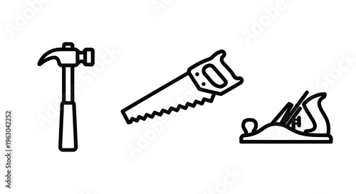 Hand tools including a hammer saw and plane in silhouette