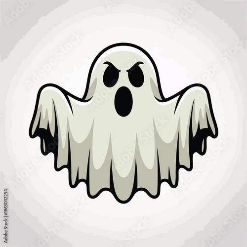 A cartoon ghost with an angry expression on its face and its arms outstretched in a threatening manner on a gray background