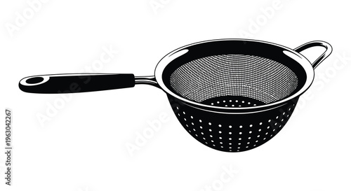 Black strainer illustration with a long handle presented as a silhouette