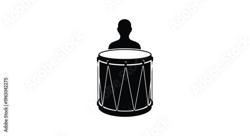 A drummer playing a large drum depicted in stark black silhouette