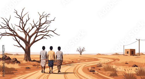 Rural landscape vector illustration of three men walking on a dirt road towards a distant structure, symbolizing journey and community in arid conditions