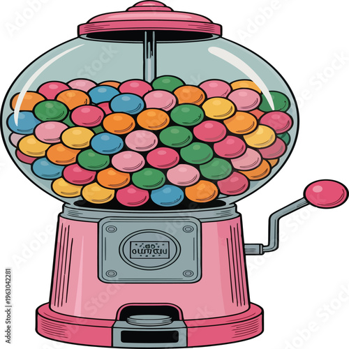 Colorful pink gumball machine filled with multicolored balls on beige background