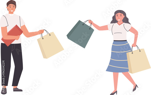 Couple happily shopping with bags from a delightful day out together filled with joy and new purchases