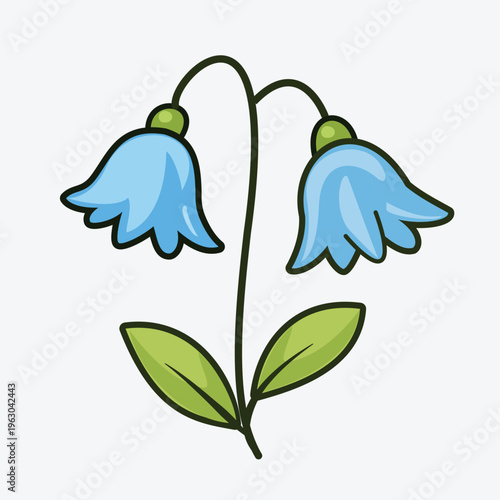 Flower blue bellflower cartoon illustration featuring two delicate blooms and vibrant green leaves against a simple light background for floral design theme
