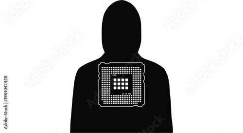 A hooded figure with a circuit board design striking silhouette