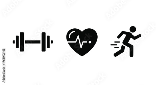Fitness icons depicting weightlifting health and running silhouette