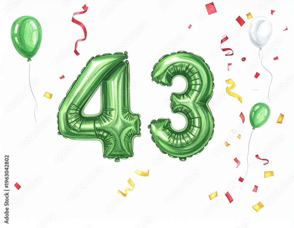Fototapeta premium Pencil drawing of green number 43 balloon. Sketch for birthday or anniversary party