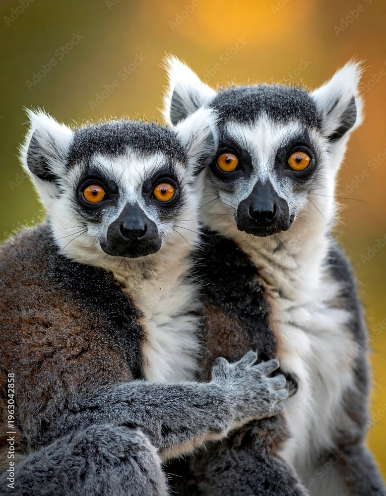 Fototapeta premium Two lemurs with striking eyes, nestled together against a warm background