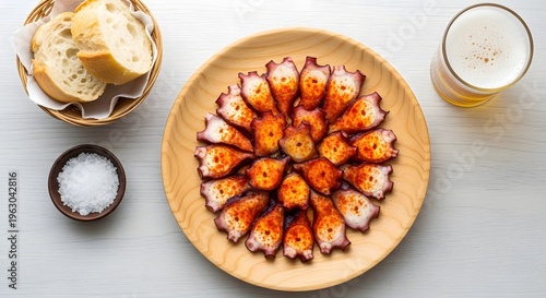 Overhead view displays Spanish Pulpo a la Gallega octopus dish served with crusty bread slices and a glass of pale beer.