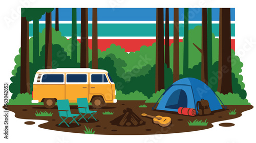 Camping scene with retro van tent campfire and guitar in forest.