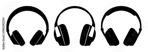 Headphones set with stylized silhouette of music wave and note icons, dynamic line art depicting audio signal featuring sound, audio, headphones with music and waveform