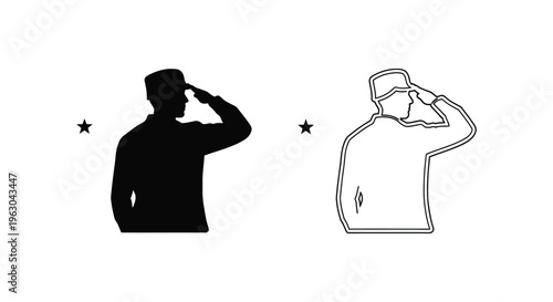 Saluting Soldier Silhouettes, Military Vector Icons, Army Salute Illustrations isolated on White Background