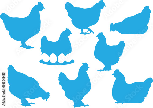 Collection of blue chicken silhouettes on white background