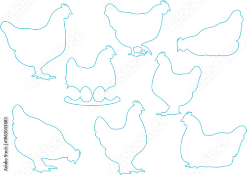 Eight turquoise chicken silhouettes on a white background
