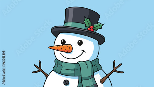 Close up portrait of a cheerful smiling snowman wearing a black hat with holly and a green striped scarf in winter.