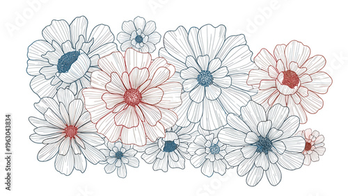 Intricate cluster of detailed floral line art drawings in muted blue and red shades on a clean white background.