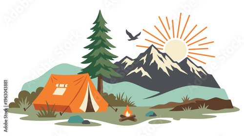 Camping scene with tent campfire mountains sun and bird illustration.