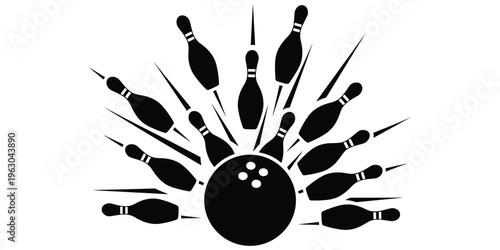 Bowling ball striking pins, dynamic sports motion, energetic strike illustration, recreational activity artwork, competitive game concept, leisure entertainment, flat vector illustration