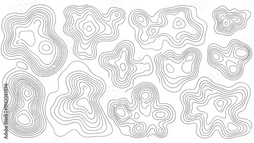 Abstract pattern of black topographic map contour lines on a white background representing terrain height and geographic elevations for layout design.