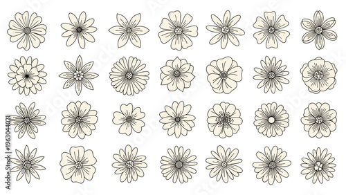Extensive grid of simple flower icons and line drawings in various shapes providing a versatile set for graphic design and patterns.