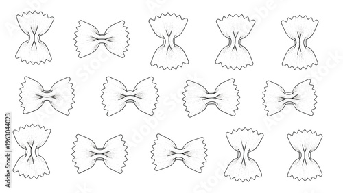 Pattern of farfalle pasta also known as bow tie pasta rendered in a detailed hand drawn line art style on a clean white background.