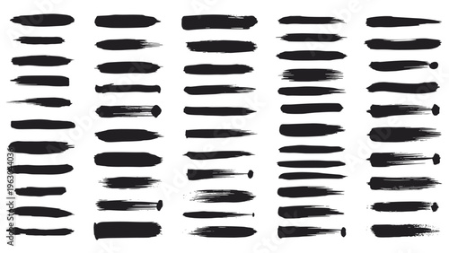 Set of black paint brush strokes and ink textures in various lengths and thicknesses for artistic backgrounds and graphic design.