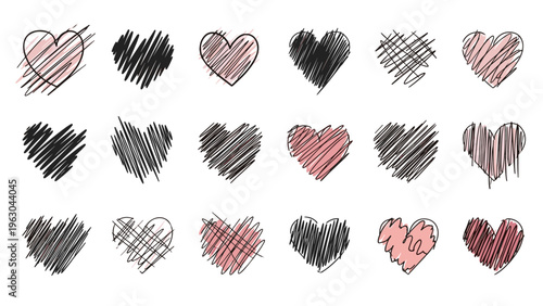 Grid of hand drawn heart shapes with rough scribble textures in black and soft pink tones ideal for Valentines Day and romantic themes.