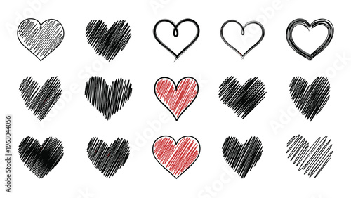 Collection of heart icons with diverse scribble and line textures in black and red colors for expressive romantic graphic designs.