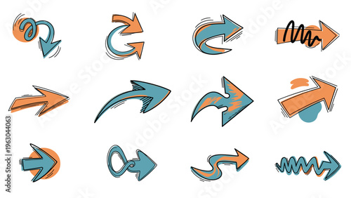 Dynamic set of curved and straight arrows in blue and orange with rough hand drawn edges to indicate direction and movement.