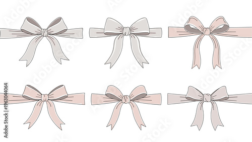 Set of delicate bows with ribbons in soft pastel tones featuring dotted outlines for a cute and feminine decorative touch on gifts.