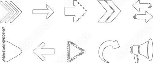 Collection of various line art arrows and a megaphone on white background