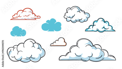 Collection of cartoonish fluffy clouds in white blue and light pink with thick outlines for a playful and friendly weather design.