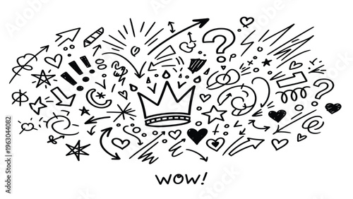 A whimsical illustration of a crown surrounded by various symbols and punctuation marks in a playful artistic arrangement