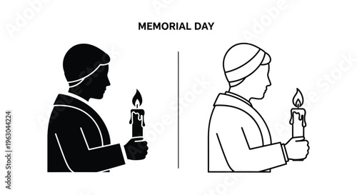 Memorial Day icons, candlelight tribute, silhouette illustrations, patriotic symbols isolated on White Background