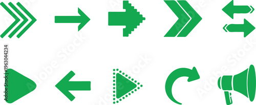 Collection of green arrow icons isolated on white background