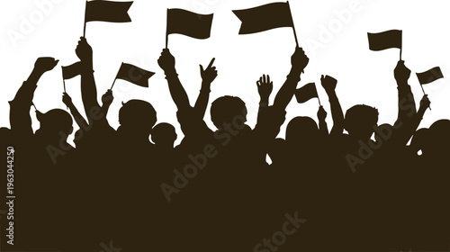 Jubilant crowd waving flags in celebration, silhouette style
