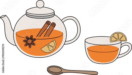 Herbal tea vector illustration with teapot cup cinnamon lemon slice spoon warm beverage flat design healthy drink concept