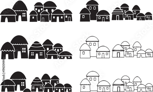 Illustrated village houses in black and white vector art