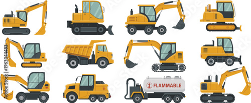 construction machinery icons set, excavator bulldozer dump truck vehicles, heavy equipment collection, industrial transport vector illustration pack