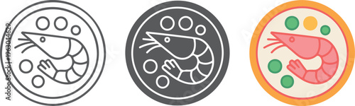 Set of shrimp seafood platter icons in minimalist outline silhouette and colorful flat vector styles for restaurant.