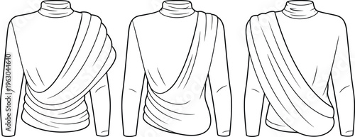 Draped top blouse vector template front and back view asymmetric design long sleeve fashion clothing flat illustration set