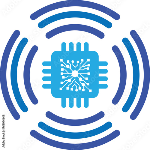 a central microchip icon surrounded by concentric waves radiating outward symbolizing connectivity and data transmission in a sleek modern design