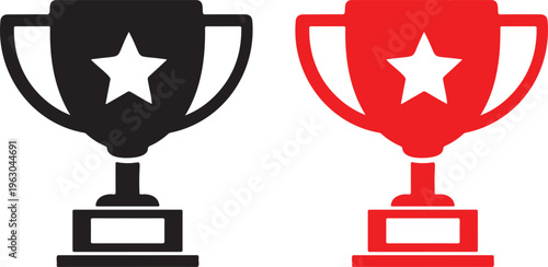 Two trophy icons with star in black and red on white background