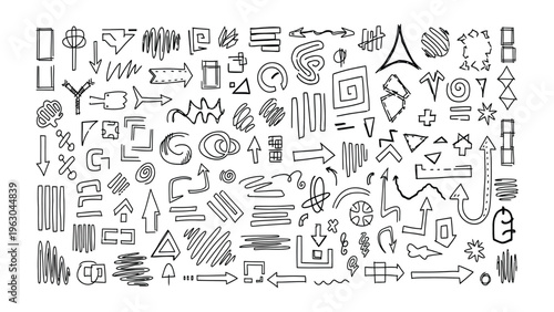 A collection of various abstract shapes and symbols in black and white