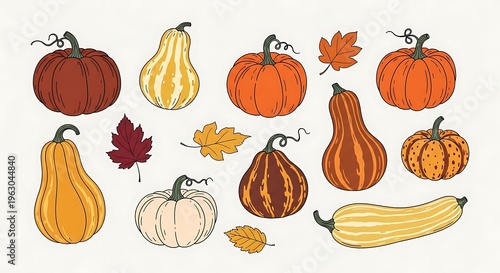 Variety of pumpkins and gourds illustration isolated on a white background