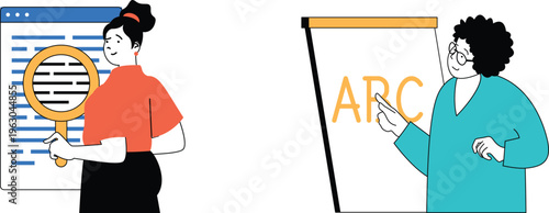 Two individuals collaborating with one examining code on a screen and another presenting arc concepts on a flip chart