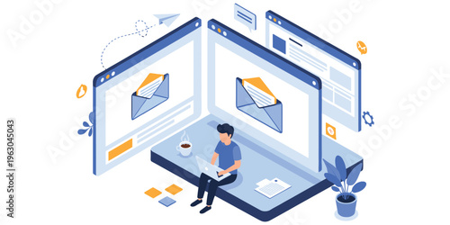 Digital communication workspace, email management concept, online productivity illustration, remote work lifestyle artwork, modern technology correspondence, flat vector illustration