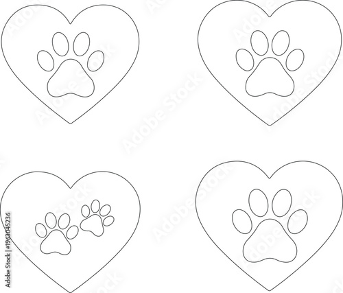Black line drawing of heart shapes with paw prints inside
