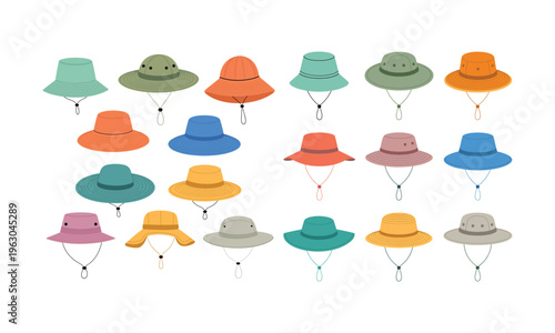 Collection of colorful bucket hats on white background Keywords: bucket hat, sun hat, safari hat
