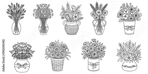 Flower vase line drawings, black and white floral arrangements, decorative bouquet artwork, coloring design inspiration, botanical illustration set, flat vector illustration